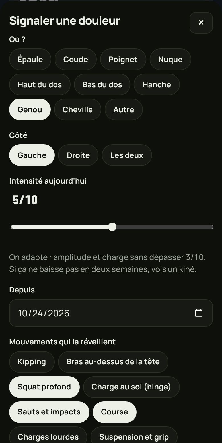 Le membre signale une douleur au genou, intensité 5 sur 10