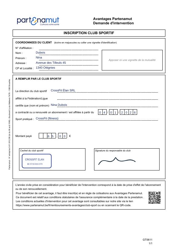 Formulaire officiel de mutuelle rempli automatiquement, avec signature et cachet de la box