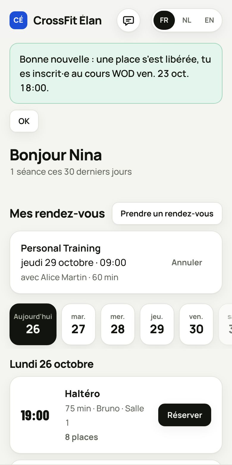 Réservation d'un cours dans l'app membre